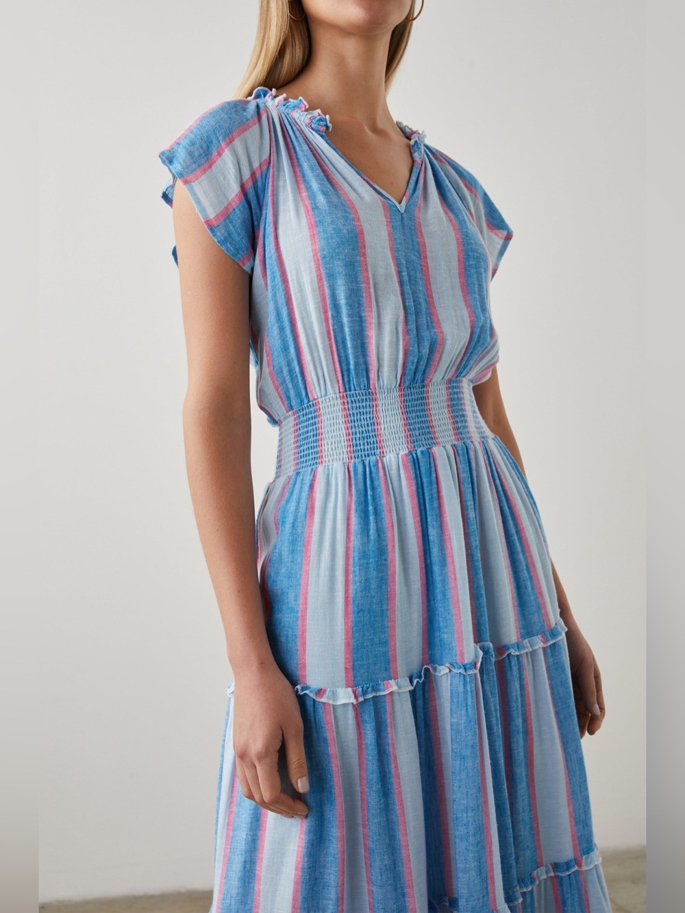 Rails Amellia Kona Striped Blue and Pink Tiered Midi Dress Linen Blend Large - Picture 7 of 13